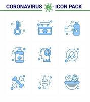 icono de consejos de precaución de coronavirus para la presentación de pautas de atención médica 9 paquete de iconos azules como gestos de jabón cerebral botella de cuidado de manos coronavirus viral 2019nov elementos de diseño de vectores de enfermedad