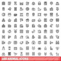 100 animal icons set, outline style vector