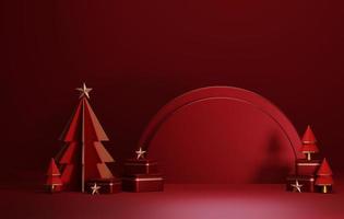 Round base podium, ball gold and red circle gift box with tree for christmas and new year abstract background. 3d illustration, 3d rendering photo