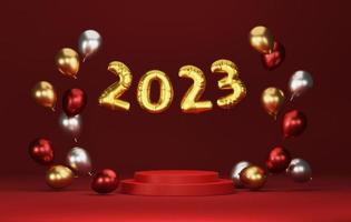Round base podium and balloons gold, red, silver with numbers 2023 gold foil on red background. 3d illustration, 3d rendering photo