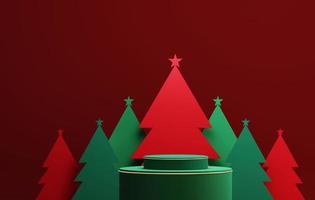 podio verde con borde dorado con árbol de navidad rojo y verde con borde dorado elegante navidad y año nuevo sobre fondo rojo. ilustración 3d, representación 3d foto