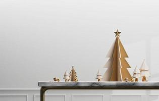 Gold edged marble table and white Christmas tree with christmas and New year gold border in white room background. 3d illustration, 3d rendering photo