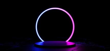 Pink and blue neon light product background stage. the glowing round shape above an empty fashion podium. 3d rendering. photo