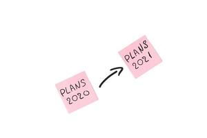 Funny planning concept. Stickers with plan for 2020 and 2021. Transferring all goals to the future. Flat lay, white background photo