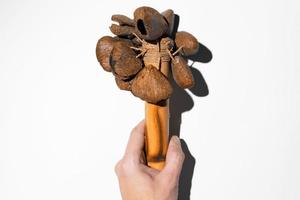 Hand holding bamboo maracas on a white background, close-up. Percussion African instrument. photo