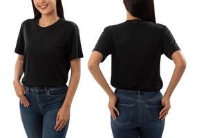 Young woman in black T shirt mockup isolated on white background with clipping path photo