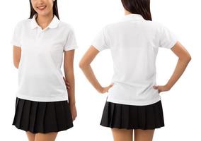 Young woman in white polo shirt mockup isolated on white background with clipping path photo