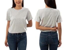 Young woman in grey T shirt mockup isolated on white background with clipping path photo