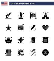 4 de julio estados unidos feliz día de la independencia icono símbolos grupo de 16 glifos sólidos modernos de hombres campamento washington carpa occidental editable día de estados unidos elementos de diseño vectorial vector