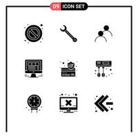 Set of 9 Vector Solid Glyphs on Grid for credit card internet user website browser Editable Vector Design Elements