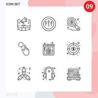 User Interface Pack of 9 Basic Outlines of display page content gestures sperm finger tax monitoring Editable Vector Design Elements