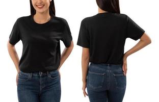 Young woman in black T shirt mockup isolated on white background with clipping path photo