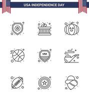 Pack of 9 USA Independence Day Celebration Lines Signs and 4th July Symbols such as pipe sign pumpkin shield sports Editable USA Day Vector Design Elements