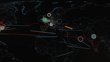 mapa-múndi com diferentes alvos para ataque cibernético. conceito de hacking e tecnologia. tiro macro em pixels do monitor video