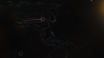 wereld kaart met verschillend doelen voor cyber aanval. hacken en technologie concept. macro het schieten Bij toezicht houden op pixels video