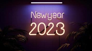 3d tolkning blinka gul neon med ny år 2023 blixt på lila betong vägg med löv av växt. lång fluorescerande över siffra av år, abstrakt antal fot 3d animering med ny år begrepp video
