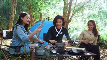 une jeune femme asiatique cuisine et son amie aime utiliser un smartphone prendre une photo du repas dans une marmite, elles parlent et rient avec plaisir ensemble en camping dans un parc naturel video