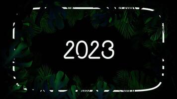 3D animation footage with number 2023 inside blink white neon horizontal frame with tropical green leaf with new year concept. 3D rendering Seamless loop video