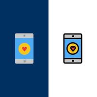 aplicación móvil aplicación móvil como iconos de corazón plano y lleno de línea conjunto de iconos vector fondo azul