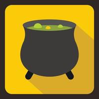 Witch cauldron with green potion icon, flat style vector