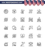 Group of 25 Lines Set for Independence day of United States of America such as tent camp bottle food corn dog Editable USA Day Vector Design Elements