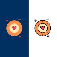 señal de amor iconos de boda de san valentín plano y conjunto de iconos llenos de línea vector fondo azul