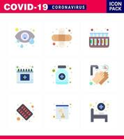 iconos de conciencia de coronavirus 9 icono de color plano relacionado con la gripe del virus de la corona, como pastillas de botella de jarabe, calendario de prueba, coronavirus viral 2019nov, elementos de diseño de vectores de enfermedad