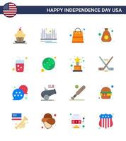 16 USA Flat Pack of Independence Day Signs and Symbols of bag dollar landmark shop money Editable USA Day Vector Design Elements