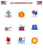 Modern Set of 9 Flats and symbols on USA Independence Day such as independence holiday fly drum st Editable USA Day Vector Design Elements