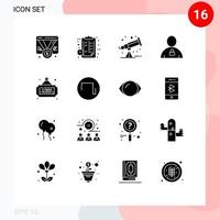 Mobile Interface Solid Glyph Set of 16 Pictograms of padlock human page body telescope Editable Vector Design Elements