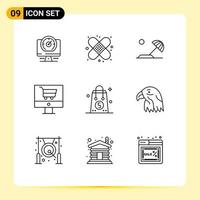 Pictogram Set of 9 Simple Outlines of dollar shop beach online cart Editable Vector Design Elements