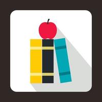 Stack of books and red apple icon, flat style vector