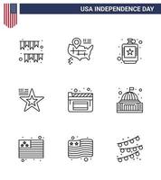 Happy Independence Day Pack of 9 Lines Signs and Symbols for cinema flag alcoholic american liquid Editable USA Day Vector Design Elements