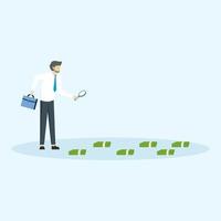 Looking for investment opportunity, curious businessman with magnifying glass checking and tracking dollar bill, financial success or salary increase, checking how to make profit and earning concept. vector