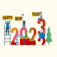 Colorful New Year 2023 numbers. Happy New Year 2023 logo text design. Greeting card template. Christmas symbol for your design. Vector number design template. Illustration with label