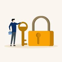 businessman holding key to unlock pad. professional to provide solutions, Key to unlock, solve business problems, key to successful business or unlock business accessibility concept. vector