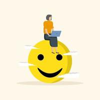 mujer de negocios feliz trabajando con computadora portátil a través de un emoticono sonriente con metáfora de humor feliz. trabajo feliz, disfrute de la satisfacción laboral o de la carrera, ame el trabajo o el concepto de pasión. vector