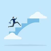 Happy businessman running with suitcase on top of stairs towards sky. positive thinking to seek opportunities, inspiration for success, imagination and creativity to build hope and a bright future. vector