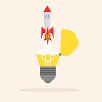 high flying innovative rocket launch from bright light bulb idea. entrepreneurship or startup, Innovation to launch new ideas, creativity to start a business or breakthrough idea concept. vector