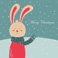 Postcard with Christmas bunny. Cute character. Design or congratulations. Doodle illustration. Vector