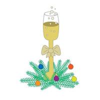 A glass of champagne in the branches of a Christmas tree with New Year's toys. Feast of the Nativity of Christ. Vector illustration.