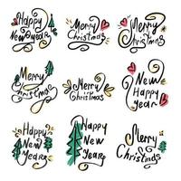 Set of calligraphic inscriptions. Happy New Year and Merry Christmas. Beautiful black font with swirls and colored elements. Design template for invitations, postcards, clothes. Isolated background. vector