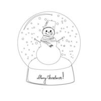 Black and white snowman in a snow globe. Coloring. Christmas holiday. New Years holiday. Vector illustration.