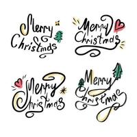 Set of calligraphic lettering Merry Christmas. Beautiful black font with swirls and colored elements. Design template for invitations, postcards, clothes. Isolated background. Vector