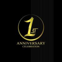 1st anniversary logo with golden ring, sparkle, vector design for greeting card and invitation card