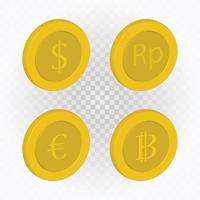Realistic coin, usd, rupiah, eoro, bitcoin clip art vector with isolated background.