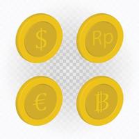 Realistic coin, usd, rupiah, eoro, bitcoin clip art vector with isolated background.