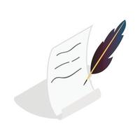 Feather and scroll icon, isometric 3d style vector