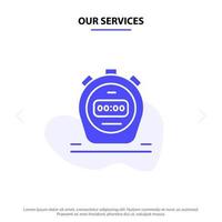 nuestros servicios temporizador cronómetro reloj icono de glifo sólido plantilla de tarjeta web vector