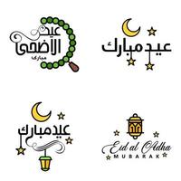 conjunto de 4 vectores eid mubarak feliz eid para ti en estilo de caligrafía árabe escritura rizada con estrellas lámpara luna